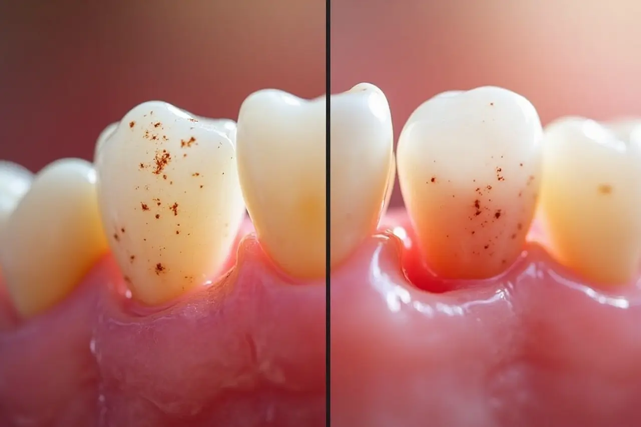Comparación antes y después de tratamiento de periodoncia regenerativa mostrando regeneración de encías